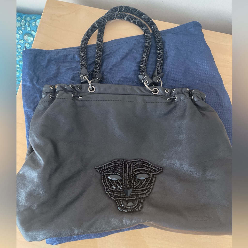 Tosca Blue Black Leather Bon Bon Tote Bag. Made In Italy